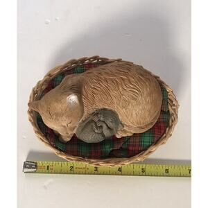 Vintage Sleeping Cat and Mouse Wicker Basket Figurine Plaid Cushion Kitten